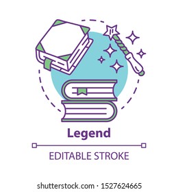 Legend concept icon. Storytelling idea thin line illustration. Fables, fiction, mythes with magic literature elements. Vector isolated outline drawing. Fairy tales, fantasy books. Editable stroke