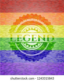 Legend emblem on mosaic background with the colors of the LGBT flag