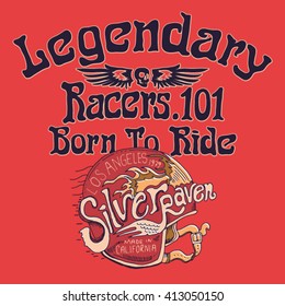 LEGEND - Graphic design - Typography Custom Motorcycle Emblem.racer helmet.T-shirt graphics . Vintage style. Vectors.