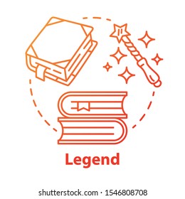 Legend red gradient concept icon. Storytelling idea thin line illustration. Fables, fiction, myths with magic literature elements. Fairy tales, fantasy books. Vector isolated outline drawing