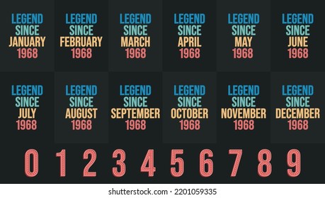 Legende seit 1968 den ganzen Monat inbegriffen. Geboren im Jahre 1968 Geburtstagsdesign-Paket für Januar bis Dezember