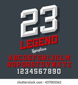 Legend typeface. Beveled sport style retro font. Letters and numbers, vector illustration. 