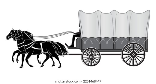 Legend of wild western American four wheeled wagon with horses and rider drawing in vector