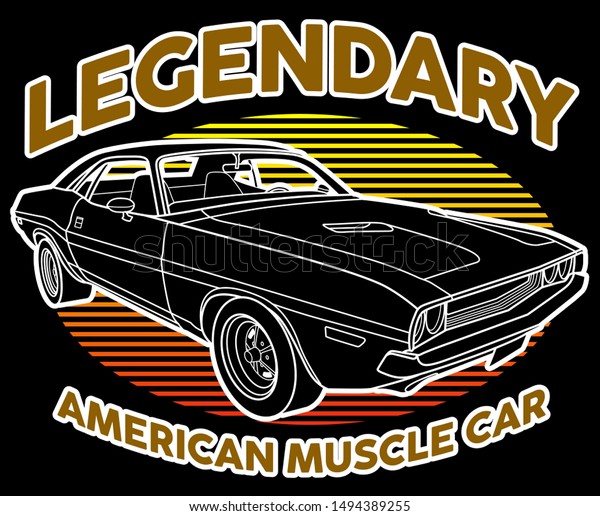 Legendary American Muscle Car vintage art with\
sunset background .This design is suitable for old style or classic\
car garage, shops, repair. Also for car tshirts, stamps and hot\
rods things