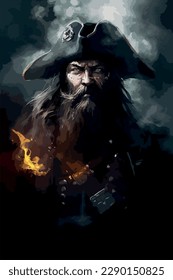 Legendary black beard pirate. Epic poster of dark and sombre sailor. Watercolor painting of angry and grim pirates. Vector art of scary man with look of evil. Bone flag. Smoke and death artwork.