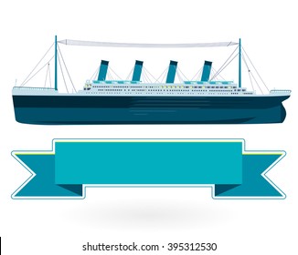 Legendary colossal boat, monumental big ship symbol. Big blue boat, icon flatten isolated illustration master vector.