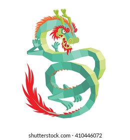 Legendary Creature in Chinese Mythology - Colorful Asian Dragon in Mixed Style Isolated on a White Background. Vector Illustration of Modern Polygonal Chinese Dragon for Your Design.