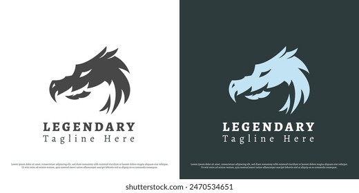 Legendary dragon logo design illustration. Silhouette of monster legend myth mythology ancient animal dinosaur savage fangs. Abstract casual minimal simple icon symbol.