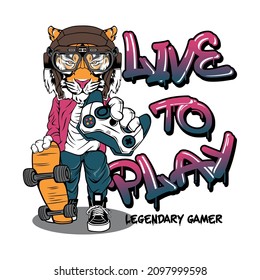 Legendary gamer, tiger mascot, skateboarding, video gamer, graffiti vector art print for Kids wear