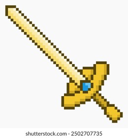 Legendary Golden Long Sword, Pixel Art Icon, Isolated