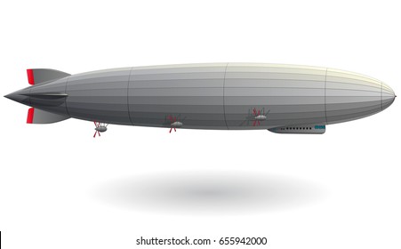 Legendary huge zeppelin airship filled with hydrogen. Stylized flying balloon. Big dirigible with propellers and rudder. Long zeppelin, white background, rigid airship. Isolated vector illustration.