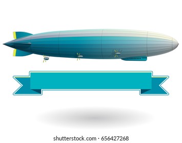 Legendary huge zeppelin airship filled with hydrogen. Blue stylized flying balloon. Big dirigible, propellers and rudder. Long zeppelin, white background, rigid airship. Isolated vector illustration.