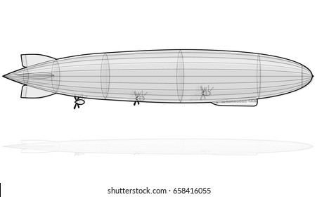 Legendary huge zeppelin airship filled with hydrogen. Outlined stylized flying balloon. Big dirigible, propellers, rudder. Long zeppelin, white background, rigid airship. Isolated vector illustration.