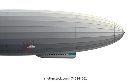 Legendary huge zeppelin airship filled with hydrogen. Stylized flying balloon. Big dirigible with propellers and rudder. Long zeppelin, white background, rigid airship. Isolated vector illustration.