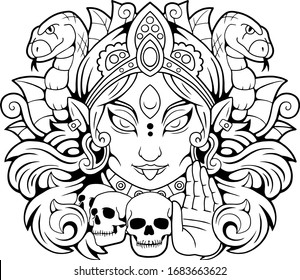 legendary indian goddess kali, contour illustration, coloring book