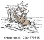 The legendary kraken is attacking the ship. Mythical monster. huge squid drags a sailboat under the water. Vector illustration in engraving style. Composition based on the legends of sailors.