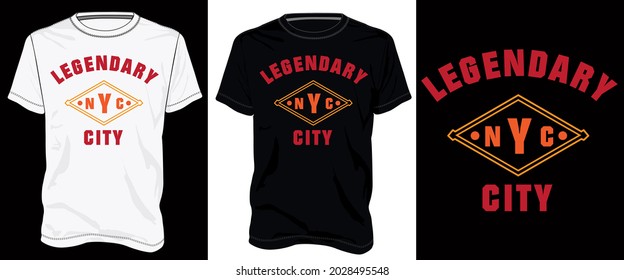 Legendary New York city Typography  t shirt chest print design Isolated on white, Black template view. calligraphy Vector illustration Ready to print for print on demand business.