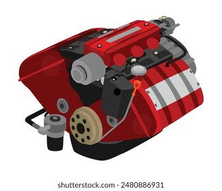 Legendäre Leistung vereinfachte V6-Zylinder 24-Ventile Doppelnockenwellen-Benzinmotor mit roter und silberner Abdeckung enthalten silberne Abzeichen Illustration Vektorgrafik.