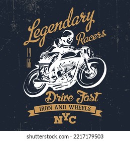 Legendary racers, vector icon for speedway motors sport. Motorcycle racing and speed moto retro grunge t-shirt print, biker motocross, or motorsport custom emblem