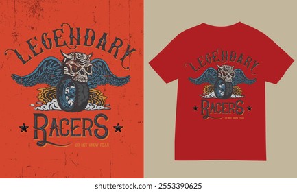 Legendary races. Don't know fear. Motorcycle t-shirt design.