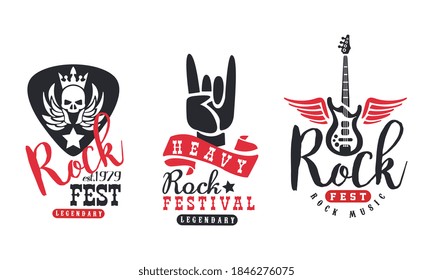 Legendary Rock Fest Logo Templates Set, Heavy Rock Festival Labels Vector Illustration