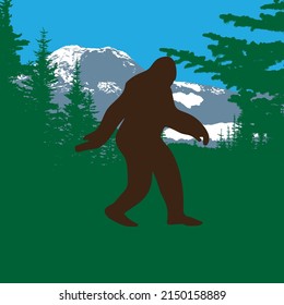 The legendary Sasquatch in the forest by Mount Rainier