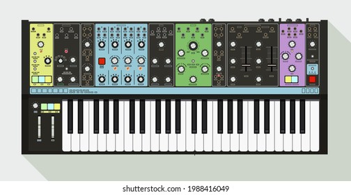 Legendary semi-modular analog synthesizer. Music creation interface. Electronic piano with 49 keys. A machine with chorus, delay, reverb and analog bass systems. Beautiful technique for DJ posters.