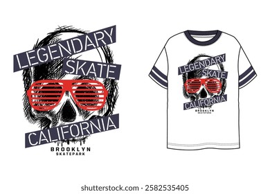 Legendary Skate slogan with skull and sunglass summer vacation t-shirt design, Skateboarding in California, Brooklyn Skatepark, Vintage illustration of skate skull Typography, t-shirt graphics, poster