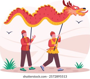 Legendary snake dance being performed concept, Cultural Performances limbless reptile vector design, Chinese New Years Beginnings scene Zodiac Wood Snake 2025 banner China Spring Festival illustration