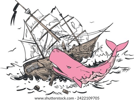 The legendary sperm whale attacks the ship. Feminism concept, female power able to cope with obstacles. A mythical monster that sank a sailboat. Vector illustration in engraving style.