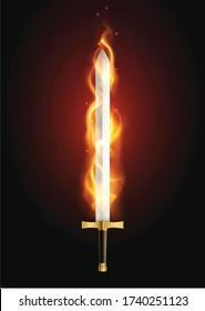 Legendary sword glowing with flame fire breathing weapon mythology supernatural power against dark background realistic vector illustration 
