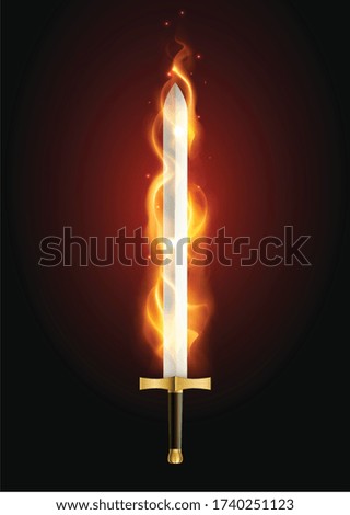 Legendary sword glowing with flame fire breathing weapon mythology supernatural power against dark background realistic vector illustration 