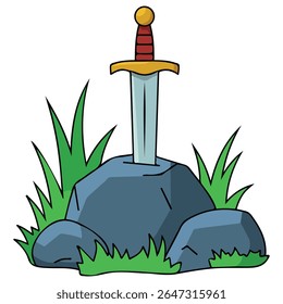 Legendary sword stuck in stone cartoon illustration