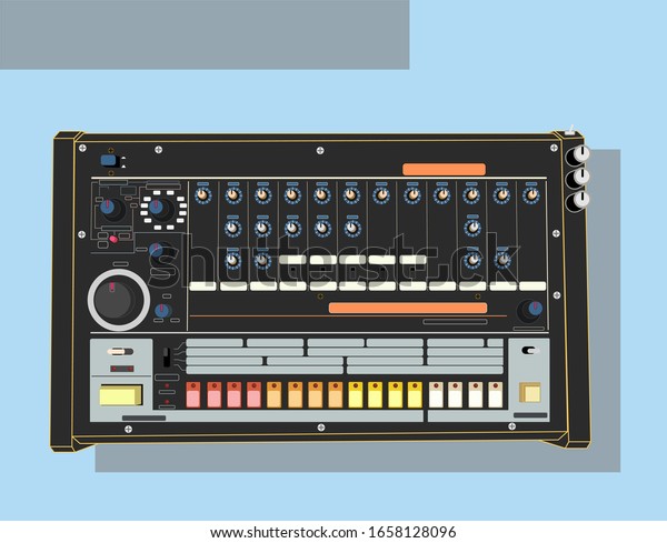 Legendary synthesizers in vector. Groove box, drum\
machine and synthesizer. Synthesizer analog sound. Synthesizers for\
applying to a t-shirt. Materials for DJ posters. For drawing the\
image on the bag