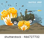 Legendary us army four-wheel drive jeep in battle environment flat military poster print abstract vector illustration 