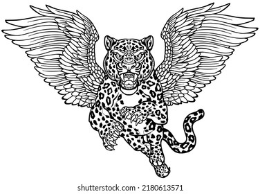  Legendary winged snow leopard in the flight. Mythological big cat with open wings and gaze looking straight. Roaring mystic creature. Front view. Black and white tattoo style vector