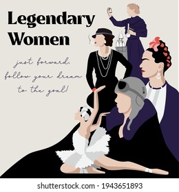 Legendary Women In History Poster. Amelia Earhart First Female Aviator. Coco Chanel Vector Sketch Portrait Illustration. Frida Kahlo Mexico. Maya Plisetskay Ballet Dancer. Marie Curie Woman Scientist.