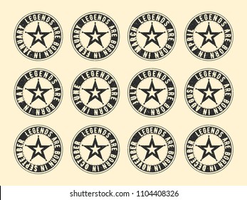 Legends are born in various months - vintage t-shirt round textured stamp set. Grunge texture design for badge, applique, label, t-shirts print, jeans and casual wear. Vector illustration.