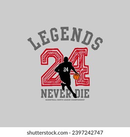 LEGENDS NEVER DIE basketball championship, tees design vector illustration.