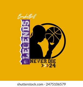 LEGENDS NEVER DIE basketball championship, tees design vector illustration.
