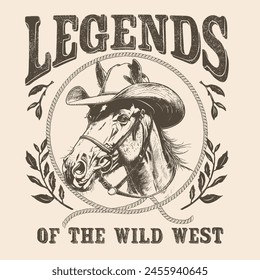 Legends of the wild west.Wild west poster design depicting a horse in a cowboy hat in the form of a sketch.