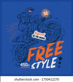 Legent speed master riders. Born free city Motorcycle Racer with typography. T-shirt design, print, poster, vector. Original wear. Concept in graphic style for print production. 