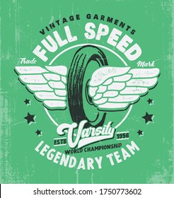 Legent speed master riders. Born free city Motorcycle with typography. T-shirt design, print, poster, vector. Original wear. Concept in graphic style for print production. Legendary team wings vintage