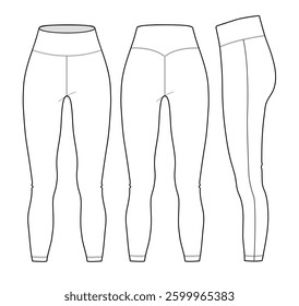 Leggings front, back and side view flat sketch vector mockup template technical illustration.