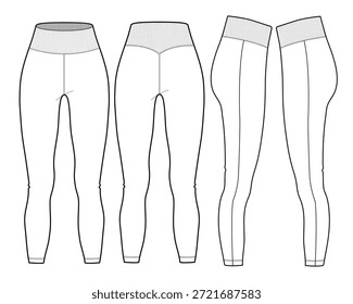 Leggings frente, parte posterior y vista lateral de diseño técnico de Vector de croquis plano maqueta de Plantilla.