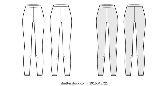 Leggings knit pants technical fashion illustration with normal waist, high rise, full length. Flat sport training, casual apparel template front, back, white grey color. Women men unisex CAD mockup