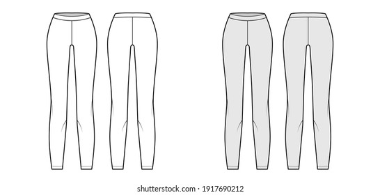 Ilustración técnica de la moda de los pantalones de punto de piernas con cintura baja, ascenso, longitud completa. Entrenamiento deportivo plano, plancha de ropa de pantalones de fondo frontal, posterior, color gris blanco. Hombres mujeres unisex maquillaje CAD