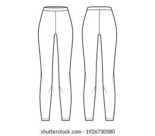 Leggings knit pants technical fashion illustration with normal waist, high rise, full length. Flat sport training, casual trousers apparel template front, back white color. Women men unisex CAD mockup