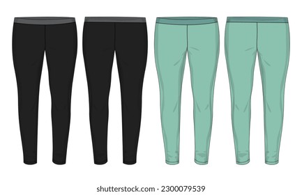 Leggings pants fashion flat sketch vector illustration black and green color template front and back view isolated on white background. Girls Long Legging mock up for Women's unisex 