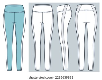 Leggings Pants technical fashion illustration, fashion design. Sports Leggings fashion flat technical drawing template, front and back view, white, blue color, women, men, unisex CAD mockup set.